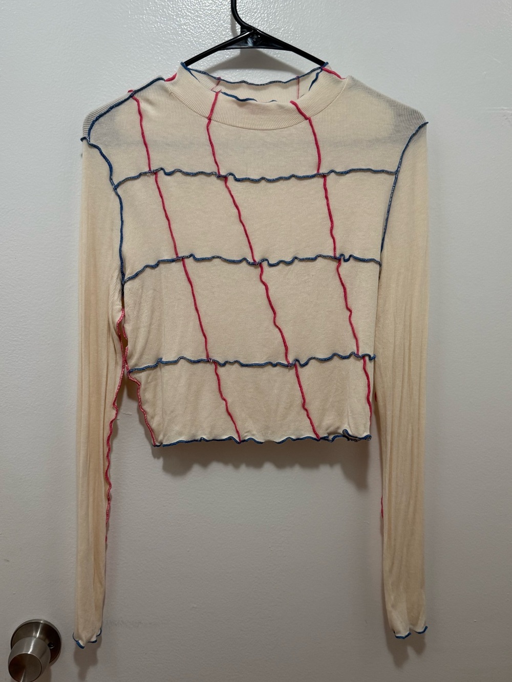 Verge Girl Cream Ribbed Long-Sleeve Crop Top with Pink & Blue Grid Stitching
